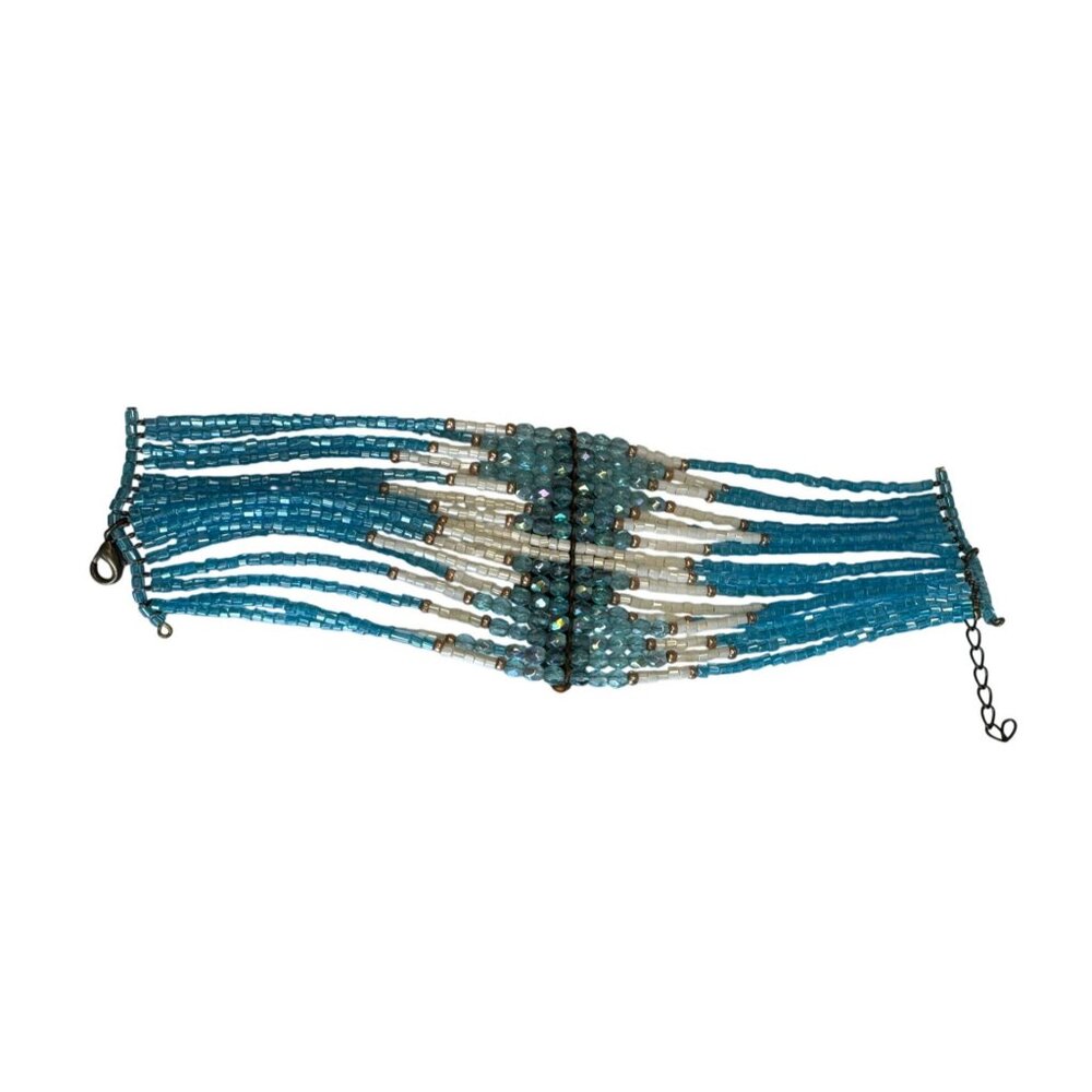 Title:Aqua Boho Wide Cuff Statement Bracelet Seed Beads Rhinestone Center Adjus - Picture 9 of 9